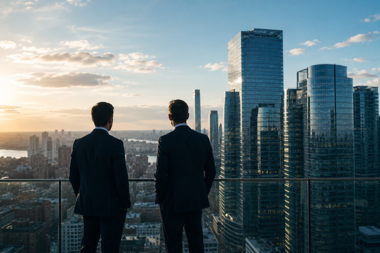 Two advisors overlooking city skyline